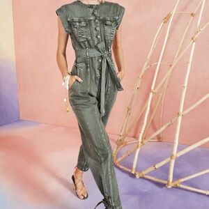 Ulla Johnson Adair Acid Wash Green Denim Utility Belted Jumpsuit Women Size 2